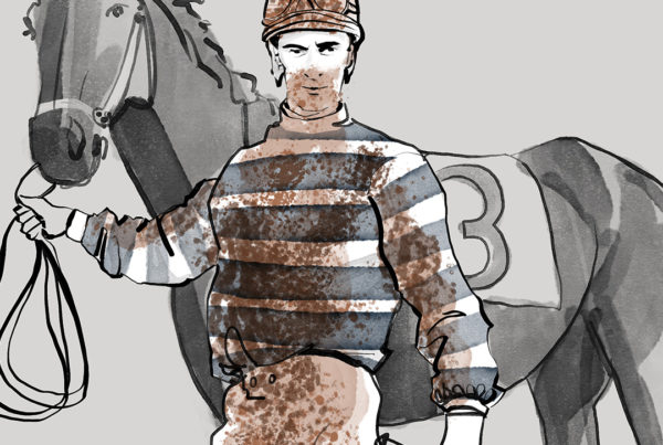 A colour 2D visualisation of a mud-splattered jockey, standing by his horse - Visualisation for an advertising concept - MattRichardsIllustration.com