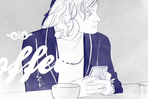 A 2D visualisation of a woman holding her phone in a coffeeshop, looking out the window - MattRichardsIllustration.com