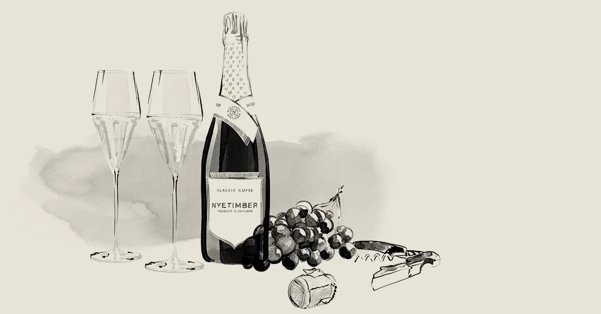 Illustration of a bottle, two glasses & cork for an illustrated animation for Nyetimber