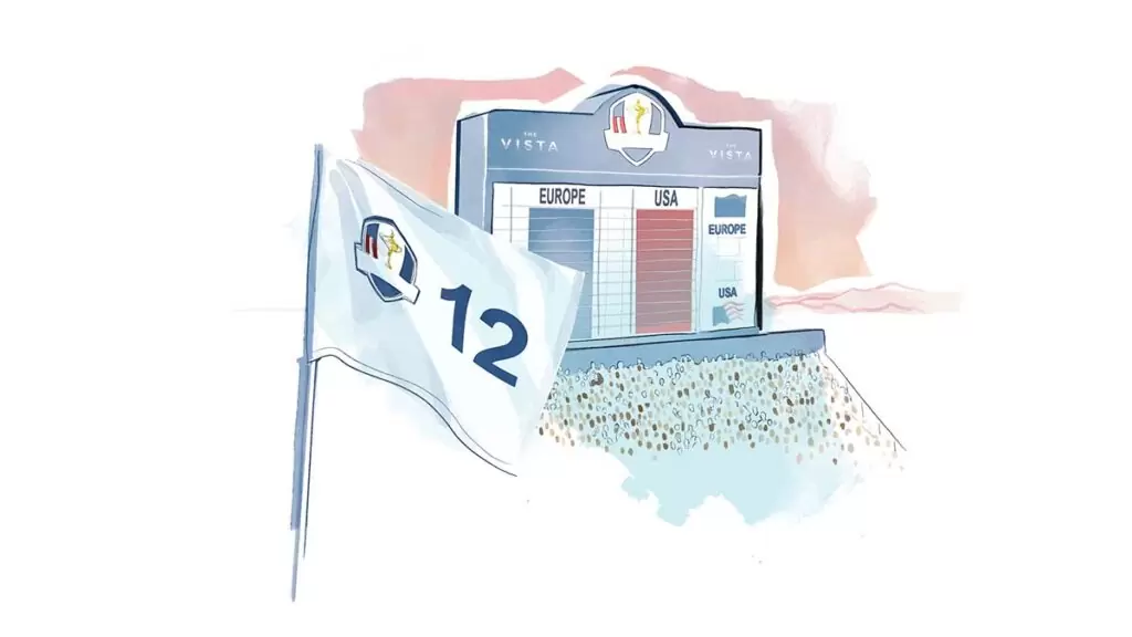 A golf flag of the 12th hole in-front of an imaginary Ryder Cup Scoreboard, with a crowd of thousands in a stand below. Illustrated in a loose-inky-style in the red & blue colours of the Ryder Cup. By Matt Richards Illustration