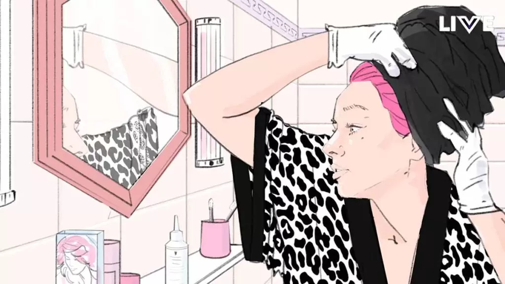 A girls uses a towel to dry her freshly coloured hair in front of a mirror. Storyboards for a Beauty Commercial - Illustrated by Matt Richards