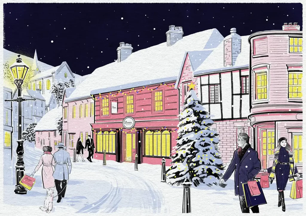 A cotswold festive snow scene with people shopping around a pink boux venue shop. Illustrated by Matt Richards for christmas window displays across the uk