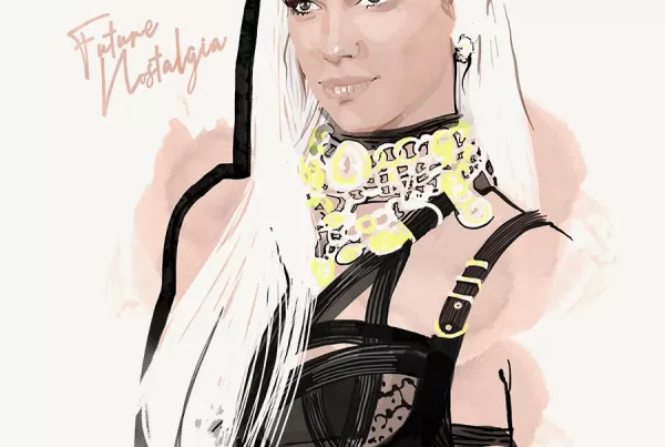 Dua Lipa wears Versace for Grammys 2022. An expressive ink illustration by Matt Richards