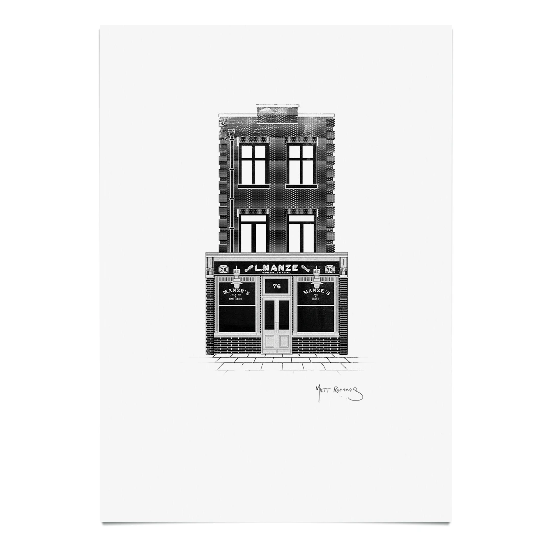 Signed Print - Manzies Pie & Mash shop E17 Walthamstow by illustrator Matt Richards